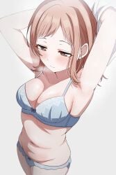 armpit_pose armpits arms_behind_head arms_up bare_belly bare_legs bare_thighs belly_button blue_bra blue_panties blush bra breasts brown_eyes brown_hair cleavage closed_mouth collarbone groin idolmaster idolmaster_shiny_colors looking_down medium_breasts medium_hair musha_no_kozi panties sakuragi_mano thighs underwear underwear_down undressing