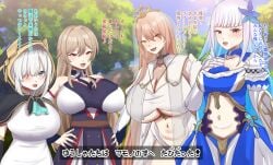 4girls 9x2no18 ars_almal blush breasts brown_hair clothed clothed_female clothing dialogue female furen_e_lustario gradient_hair grey_hair hair_over_one_eye hood huge_breasts japanese_text lize_helesta long_hair looking_at_viewer nijisanji nui_sociere one_eye_covered open_mouth open_smile smile text thought_bubble virtual_youtuber vtuber