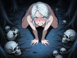 ai_generated aroused_face ass breasts cd_projekt_red ciri clenched_teeth completely_nude female forest green_eyes kneeling light-skinned_female looking_at_viewer mascara nude saliva solo solo_female the_witcher_(series) the_witcher_3:_wild_hunt wet_body white_hair zeta0080