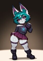 1girls ai_generated anthro boots bunny_ears bunny_girl choker female fishnets furry_ears green_hair lagomorph league_of_legends looking_at_viewer off_shoulder panties pink_eyes rabbit_ears rabbit_girl riot_games shortstack smile solo suggestive sweater tagme underwear vex_(league_of_legends) visible_underwear