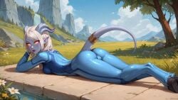 ai_generated alien_girl big_ass big_butt blue_skin bodysuit cameltoe clothed cosplay draenei female hooves horns laying_on_ground laying_on_stomach legs_together looking_at_viewer medium_breasts on_stomach pointy_ears red_lipstick solo solo_female tail tail_ornament white_hair world_of_warcraft yellow_sclera zero_suit