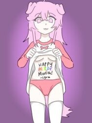 :3 body_markings body_writing colored doggirl flashing_at_viewer flashing_breasts flashing_panties hourglass_figure hourglass_figured_female lifting_shirt looking_at_viewer looking_down_at_viewer minimal_shading pink_eyes pink_hair pride_month puppygirl rainbow_pride_colors sillypuppy69 simple_background thigh_highs