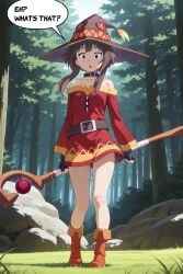 ai_generated comic female kono_subarashii_sekai_ni_shukufuku_wo! megumin normal_breasts red_dress red_eyes shocked shocked_expression short_hair text text_bubble wizard_hat
