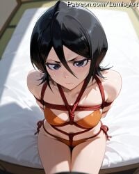 2025 ai_assisted ai_generated arms_behind_back artist_name bed bed_sheet bikini bleach bleach:_the_thousand-year_blood_war blurry blurry_background bondage bondage bondage bound bound_ankles bound_arms bound_legs bound_wrists box_tie breast_bondage breasts cleave_gag cloth_gag crotch_rope depth_of_field female gag gagged hair_between_eyes high_quality high_res high_resolution highres improvised_gag kuchiki_rukia kuchiki_rukia looking_at_viewer lumis_art medium_breasts on_bed orange_bikini orange_panties panties patreon purple_eyes red_rope restrained rope shibari_over_clothes short_hair solo stable_diffusion swimsuit underwear underwear_only watermark