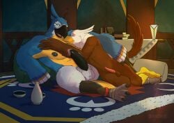absurd_res accipitrid accipitriform adlerseven alcohol animal_genitalia animal_penis anthro avian bald_eagle balls beak beverage bird black_penis blue_body blue_feathers book bookshelf breath_of_the_wild brown_body brown_fur chest_grab claws container cosmic_background cuddling cup dasoka digital_media_(artwork) duo eagle erection eye_contact feathers feet fog fur furniture furniture_lamp genitals glans glistening hair hi_res hotel huge_filesize humanoid_genitalia kass_(tloz) lamp looking_at_another lying lying_on_ground male male/male mammal mountain muscular night nintendo nipples nude on_ground open_mouth penis pillow pink_glans pubes rito rito_village sake sake_bottle sake_dish sea_eagle sky smile star starry_background starry_sky tail talons tapering_penis text the_legend_of_zelda toe_claws toes watermark wings yellow_body yellow_fur
