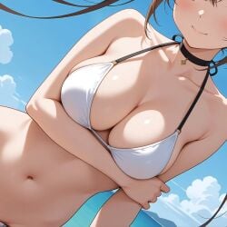 2025 ai_generated beach_background belly black_necklace brown_hair_female closed_mouth hand_on_hand instagram looking_at_viewer meta mouth_closed not_porn red_cheeks smile_at_viewer smiling_at_viewer ten01c tummy unknown_character