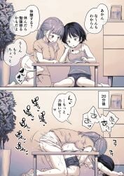 2girls absurdres arrow_(symbol) ass ayanakitori breasts bulge clothes_lift clothes_pull collarbone erection erection_under_clothes female futa_on_female futa_with_female futanari half_updo highres indoors intersex kneeling looking_at_breasts medium_breasts medium_hair multiple_girls nipples original pencil_skirt sex sex_from_behind short_hair shorts shorts_pull sitting skirt small_breasts speech_bubble sweat tank_top translation_request wariza