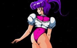 1990 1990s 1girls 90s ass back_view black_background clothed clothing custom_(company) cyberblock_metal_orange female female_only game_cg kazumi_(cyberblock_metal_orange) nude pc88 pc98 pixel_art ponytail purple_eyes purple_hair screenshot simple_background solo solo_female
