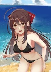 1girls ahoge antenna_hair bare_armpits bare_arms bare_belly bare_chest bare_hands bare_hips bare_legs bare_midriff bare_navel bare_shoulders bare_skin bare_thighs beach big_breasts bikini bikini_bottom bikini_only bikini_top blue_sky blush blush_face blushing_at_viewer blushing_female brown_eyebrows brown_eyes brown_eyes_female brown_hair brown_hair_female character_request clouds coast copyright_request day daylight daytime earrings exposed_armpits exposed_arms exposed_belly exposed_chest exposed_hips exposed_legs exposed_midriff exposed_navel exposed_shoulders exposed_skin exposed_thighs female hair_ribbon horizon large_breasts leaning_forward ocean open_mouth outdoor outdoors outside parted_lips ribbon sand sea seaside sky string_bikini swimsuit swimwear tongue upper_teeth whin