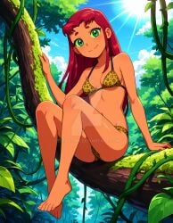 2025 ai_generated belly cartoon_network closed_mouth deviantart elryusam forest_background green_eyes_female jungle jungle_girl looking_at_viewer meta mouth_closed not_porn red_eyebrows red_hair_female sitting_on_tree smile_at_viewer smiling_at_viewer starfire_(teen_titans) teen_titans tiger_bikini tummy