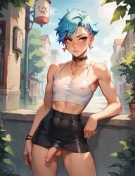 ai_generated blue_hair femboy femboy_only flat_chest flat_chested muscular penis penis_under_clothes short_hair short_skirt small_penis thin tiny_penis