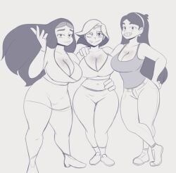 3girls big_ass big_breasts big_butt braces cartoon_network cleavage clothed crop_top crossover dark-skinned_female dark_hair disney female female_only glimmer_(she-ra) gravity_falls human klassyarts_(artist) long_hair mabel_pines monochrome multiple_girls navel netflix orange_hair pants priyanka_maheswaran seductive_body seductive_look she-ra_and_the_princesses_of_power showing_breasts smile steven_universe tank_top tongue tongue_out white_skinned_female