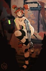 1girls applesauce_jack bandaid borderlands borderlands_2 bracelet casual choker clothing female gaige_(borderlands) gloves goggles_on_forehead green_eyes human looking_at_viewer necklace pale_skin panties pierced_nipples red_hair robotic_arm small_breasts smiling socks striped_thighhighs taking_clothes_off twintails