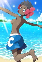 ai_generated beach breasts phoebe_(pokemon) pokemon smile swim_trunks topless