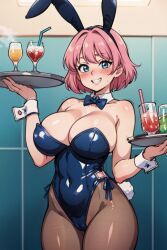 1girls 2d ai_generated belly belly_button belly_button_visible_through_clothing big_breasts blue_eyes breasts bunny_ears bunnysuit cameltoe cleavage detached_cuffs female looking_at_viewer oc opal_(tampopo) open_mouth original original_character pantyhose pink_hair platter serving_drink short_hair solo source sweat tampopo