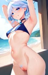 1girls ahoge ai_generated armpits arms_up bare_arms bare_legs bare_shoulders beach bigzbig bikini bikini_bottom_removed bikini_top bikini_top_only blue_bikini blue_eyes blue_hair bottomless choker clitoris coast colored day daytime female female_only female_pubic_hair furina_(genshin_impact) genshin_impact grin hair_between_eyes looking_at_viewer multicolored_hair navel outdoors pubic_hair pussy short_hair sky small_breasts smile solo standing streaked_hair swimsuit uncensored uncensored_vagina vagina water white_hair