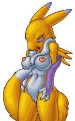 anthro areolae black_nose blue_eyes breasts digimon digimon_(species) digimon_tamers dithering female humbird0 mostly_nude nipples pixel_(artwork) pixel_art pussy renamon solo sprite tail tongue tongue_in_mouth transparent_background yellow_fur