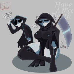 1boy 1girls big_ass big_breasts big_thighs black_clothing blush death_(have_a_nice_death) eyelashes eyeshadow female have_a_nice_death male nervous question_mark reaper ripped_clothing rule_63 shiny_clothes shiny_skin skeleton skull thecykox29!