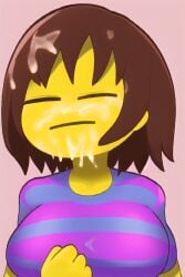 ai_generated bangs big_breasts blank_expression bob_cut breasts brown_hair closed_eyes cum cum_on_face cum_on_hair cum_on_shirt female female frisk frisk_(undertale) pixai poker_face simple_background solo striped_shirt undertale undertale_(series) upper_body yellow_skin