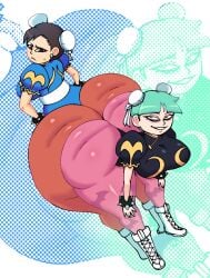 2girls alternate_hairstyle ass ass_bigger_than_head big_ass big_breasts breasts capcom chun-li chun-li_(cosplay) clothed company_connection cosplay crossover darkstalkers double_bun fat_ass female female_only green_hair huge_ass huge_breasts hyper_ass large_ass large_breasts morrigan_aensland multiple_girls smib street_fighter succubus thick_thighs