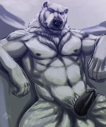 1boy balls erection looking_at_viewer male male_only muscles nude penis piercing silver_fenrir sitting solo