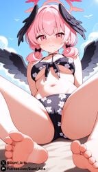 ai_generated bikini blush blush covered_nipples covered_pussy feathered_wings feet gumi_arts halo head_wings koharu_(blue_archive) koharu_(swimsuit)_(blue_archive) low_twintails medium_breasts medium_hair mini_wings pink_eyes pink_hair sand shy stable_diffusion thick_thighs underboob wings