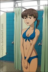 1girls bikini blood+ blue_bikini brown_eyes brown_hair cartoongirls kinjou_kaori pointy_chin solo swimsuit