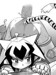 :>= ass bent_over blush censored character_request copyright_request cum doggy_style ejaculation eroe fellatio group_sex leaf leotard leotard_aside monochrome multiple_penises oral penis sex solo spitroast sweat tail tiger_print tiger_tail