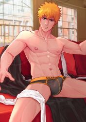 1boy abs beefy black_underwear bleach brown_eyes clothes_on_couch couch happy_trail ichigo_kurosaki male_only maorenc muscular orange_hair solo_male window wrappings