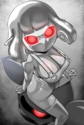 1girl 1girls 2024 agent_4_(splatoon) alternate_breast_size big_breasts breasts cleavage evil_eyes female huge_breasts inkling inkling_girl mask monochrome naughty_face nintendo no_mouth nobunagapero parallel_canon_(splatoon) red_eyes robot shiny short_hair sitting sitting_on_object solo solo_female splatoon splatoon_(series) splatoon_3 splatoon_3:_side_order squid tentacle_hair thick_thighs wide_hips