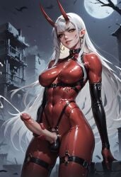 1futa ai_generated balls balls_under_clothes bare_shoulders black_gloves black_harness bodysuit breasts cowboy_shot cum cumming cumshot dark_cultist demon_futa demon_horns dickgirl ejaculation elbow_gloves erect_penis erection futa_only futanari futanari_masturbation gloves harness holding_own_penis holding_penis horns latex latex_bodysuit legs_together long_hair looking_at_viewer masturbation medium_breasts moon night night_sky oni oni_horns parted_lips penis penis_cutout penis_out red_bodysuit ruins self_upload shiny_clothes skin_tight skindentation sleeveless smile smirk solo solo_futa standing straps stroking_penis tight_clothing white_hair yellow_eyes