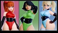 3d 3girls aged_up big_breasts blossom_(powerpuff_girls) breasts bubbles_(powerpuff_girls) buttercup_(powerpuff_girls) cartoon_network clothing cybrokrimson female female_only hi_res large_breasts leotard powerpuff_girls sisters thick_thighs trio wide_hips