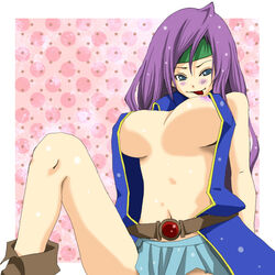 :p belt blush boots breasts faris_scherwiz female female_only final_fantasy final_fantasy_five final_fantasy_v green_eyes headband human kasetsu long_hair miniskirt naughty_face nipple_slip nipples open_clothes open_shirt purple_hair skirt solo tongue