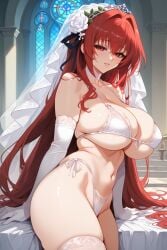 1girls 2d ai_generated big_breasts bikini church church_interior elbow_gloves hellblueboy4 long_hair naruse_mio red_eyes red_hair shinmai_maou_no_testament tagme thigh_highs wedding_dress wedding_veil white_bikini