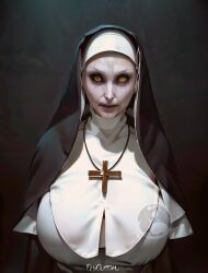 ai_generated elygordan elygordanart gigantic_breasts gigantic_butt horror horror_(theme) huge_ass huge_breasts huge_butt huge_nipples looking_at_viewer nun nun's_habit nun_hat nun_outfit nun_position the_nun valak yellow_eyes