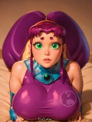 ai ai_generated artist_request commission dc dc_comics elygordan elygordanart gigantic_ass gigantic_breasts gigantic_butt gigantic_nipples green_eyes huge_ass huge_breasts huge_butt huge_nipples latex looking_at_viewer nsfw patreon starfire starfire_(teen_titans) teen_titans