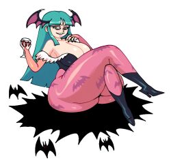 1girls ass bags_under_eyes big_ass big_breasts breasts darkstalkers female morrigan_aensland sitting smib succubus teal_hair thick_thighs thighs wine_glass