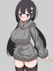 1girls alternate_breast_size black_eyes black_hair black_thighhighs blush breasts closed_mouth expressionless grey_hoodie hairclip hood_down hoodie inabakumori large_breasts looking_at_viewer low_twintails mv_character osage-chan rufus_(iguzamina_view) solo solo_female thighhighs twintails