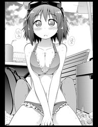 1girls bikini blush breasts celebi_ryousangata cleavage condom condom_wrapper cowgirl_position female frilled_bikini frills goggles goggles_on_head large_breasts megpoid_gumi monochrome navel pov sex short_hair solo straddle sweat swimsuit swimsuit_aside used_condom vocaloid windowboxed