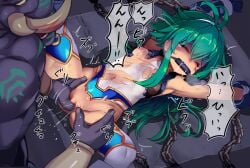 1boy antenna_hair armpits bit_gag blue_gloves breasts bruise censored chains closed_eyes commentary_request cuts female fingering gag gagged gloves green_hair groin hairband half-spread_pussy injury interspecies karukan_(monjya) large_variant_set leotard long_hair lying mosaic_censoring navel nipples on_back pussy pussy_juice rape restrained shinrabanshou shizuku_(shinrabanshou) small_breasts sound_effects speech_bubble spread_legs spread_pussy spreading_another's_pussy straight tearing_up tears thighhighs torn_clothes torn_leotard vaginal_penetration variant_set white_hairband white_leotard white_thighhighs