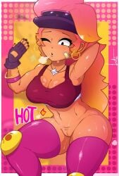 1girls amber_(brawl_stars) armpits big_breasts blush bouble_trouble_amber_(brawl_stars) brawl_stars breasts f1rearts_(artist) partially_clothed pussy socks solo_female supercell tagme text thighs