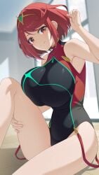 1girls alluring aqua_gemstone bare_shoulders big_breasts big_breasts black_one-piece_bikini blush breasts chest_jewel competition_swimsuit core_crystal core_crystal_(xenoblade) female gem headpiece heroine jewelry large_boobs large_breasts looking_at_viewer milf mzrz nintendo one-piece_bikini open_mouth pool pool_ladder pyra red_eyes red_hair red_one-piece_bikini ribbed_bikini short_hair smile striped_clothes striped_one-piece_bikini swept_bangs swimming_pool swimsuit thighs tiara two-tone_bikini vertical-striped_clothes vertical-striped_one-piece_bikini video_game_character xenoblade_(series) xenoblade_chronicles_2
