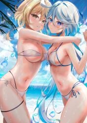 1girls 2024 2d 2d_(artwork) alternate_costume beach belly_button bikini bikini_bottom bikini_top blonde_hair blue_eyes blue_hair clouds day eitei female female_focus female_only furina_(genshin_impact) genshin_impact high_resolution highres hoyoverse light-skinned_female light_skin long_hair looking_at_viewer lumine_(genshin_impact) medium_breasts mihoyo multi-strapped_bikini navel ocean outdoors revealing_swimsuit sexy short_hair sky slim_girl smiling smiling_at_viewer solo solo_female solo_focus standing summer swimsuit thong thong_bikini two_piece_swimsuit two_tone_hair water white_hair yellow_eyes young younger_female