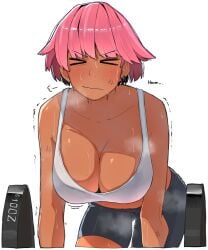 >_< 1girls barbell bent_over big_breasts blush breasts cleavage closed_eyes collarbone dark-skinned_female dark_skin ear_piercing english_text female female_only large_breasts looking_at_viewer midriff musk_clouds ohasi ohasiart original original_character pink_(ohasi) pink_hair plump short_hair simple_background solo solo_female spats steam sweat sweatdrop sweating tagme thick trembling weightlifting white_background