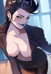 1girls ai_generated breasts demonsummonerai female lilith lilith_(megami_tensei) lilith_(shin_megami_tensei) makeup office_clothing office_lady open_topwear pantyhose partially_clothed pencil_skirt pompadour shin_megami_tensei smile solo_female succubus thiccwithaq_(ai_style) tits_out yuriko_(shin_megami_tensei)