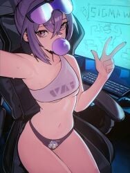 1girls almost_naked breast_squeeze bubble_gum computer crop_top cute distrbeachboy female gamer_girl gaming_chair goggles_on_head gray_eyes hi_res high_resolution honkai:_star_rail honkai_(series) keyboard monitor ninra panties peace_sign petite selfie silver_hair silver_wolf_(honkai:_star_rail) sitting_on_chair small_breasts source sweat tagme thick_thighs twitter_link v v_sign