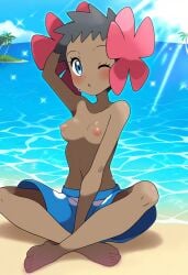 ai_generated beach breasts phoebe_(pokemon) pokemon smile swim_trunks topless