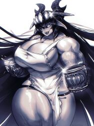 1girls absurd_res apron apron_only beer_mug black_hair black_sclera buff_female cleavage dark_hair demon demon_girl demon_horns female female_only horns huge_breasts large_ass large_breasts long_ears long_hair looking_at_viewer mandragloria_(ramia-yana) milanovicmihael muscular muscular_female muscular_thighs pointy_ears ramia-yana sharp shiny_skin sideboob smiling smiling_at_viewer smug solo teeth thick_thighs very_long_hair white_background white_eyes