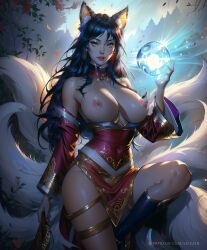 ahri ai_generated asian_clothing big_breasts black_hair default_ahri detached_sleeves dress fox_ears fox_girl league_of_legends magic magical_girl naked_breasts orb skizzen thin_waist wide_hips yellow_eyes