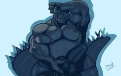 anthro ball_grab balls barazoku belly biceps big_penis bodily_fluids claws finger_claws genitals godzilla godzilla_(series) hi_res huge_cock kaiju looking_at_viewer male musclegut muscular muscular_male nipples oil oiled_body pecs penis pinumontbalou raised_arm scalie solo spikes spikes_(anatomy) sweat sweaty_body tail thick_penis toho tongue tongue_out